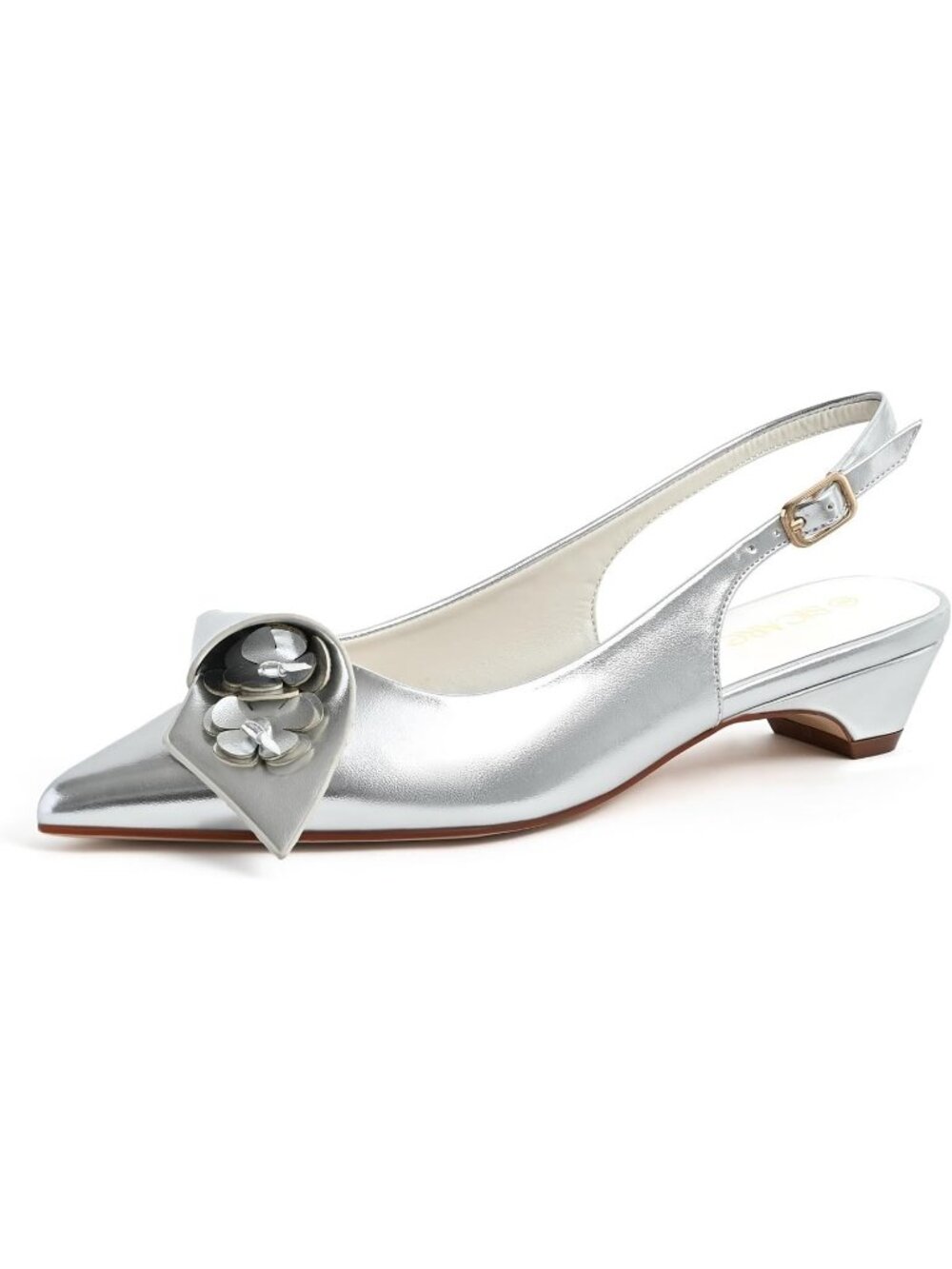 Women's Silver Comfortable Slingback Low Chunky Heels Flower Ankle Strap Sandals